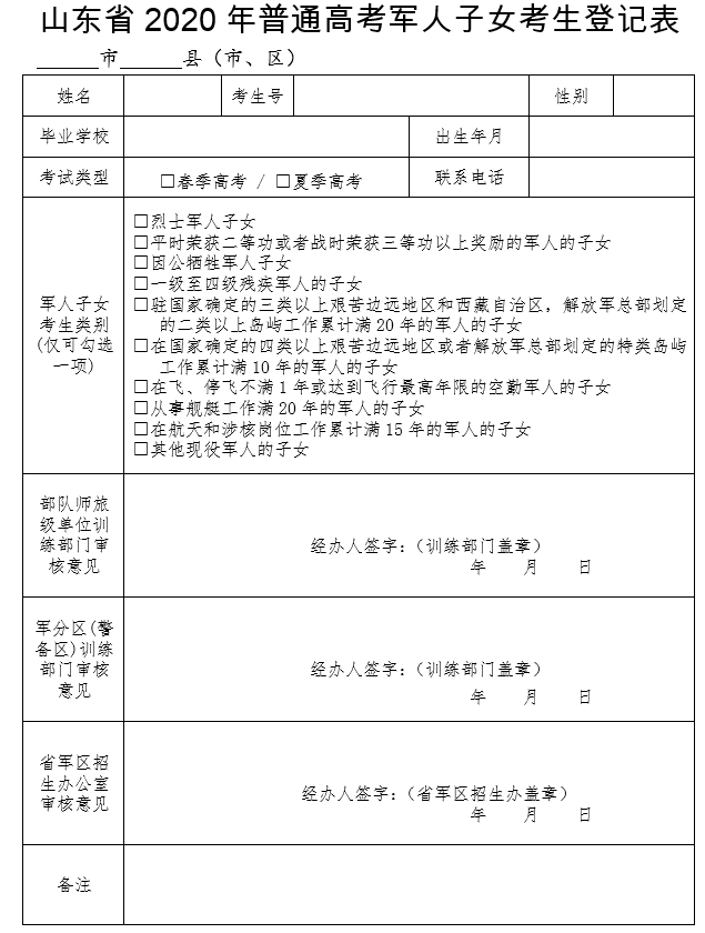 山东省2020年普通高考军人子女考生登记表