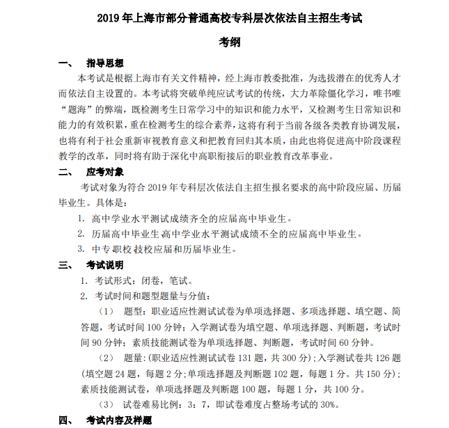 2019年上海市部分普通高校專科層次依法自主招生考試考綱-素質(zhì)技能測(cè)試.png