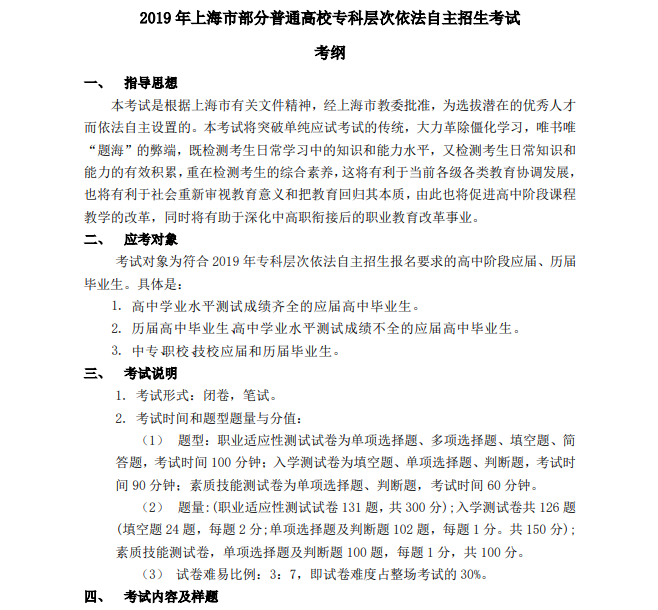 2019年上海市部分普通高校專科層次依法自主招生考試考綱-職業(yè)適應性測試.png