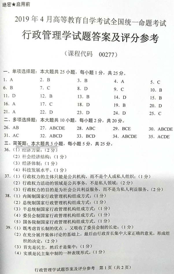 2019年4月自考00277行政管理学真题及答案