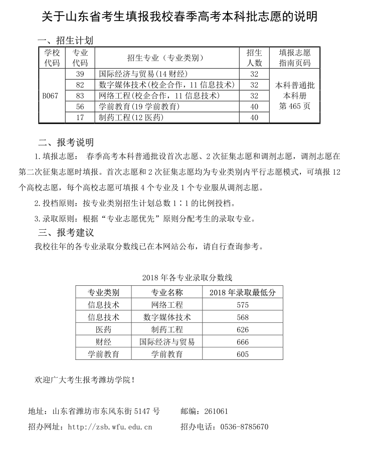 关于山东省考生填报潍坊学院春季高考本科批志愿的说明.png