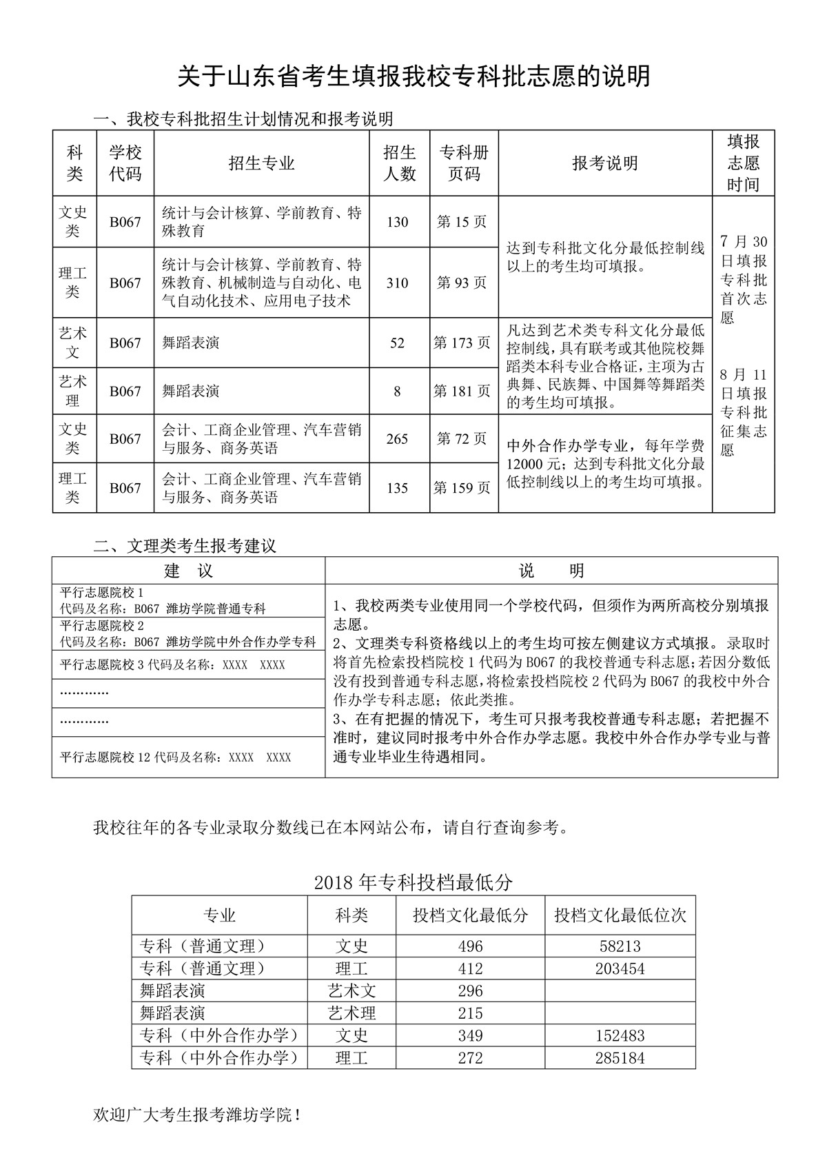 关于山东省考生填报潍坊学院专科批志愿的说明.jpg