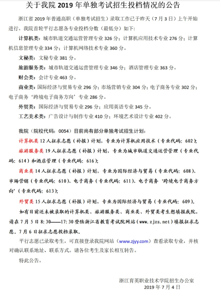 关于浙江育英职业技术学院2019年单独考试投档情况的公告.png