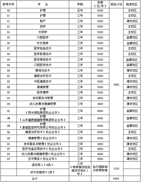 潍坊护理职业学院2019年专科（高职）招生专业、招生计划及就读校区.png