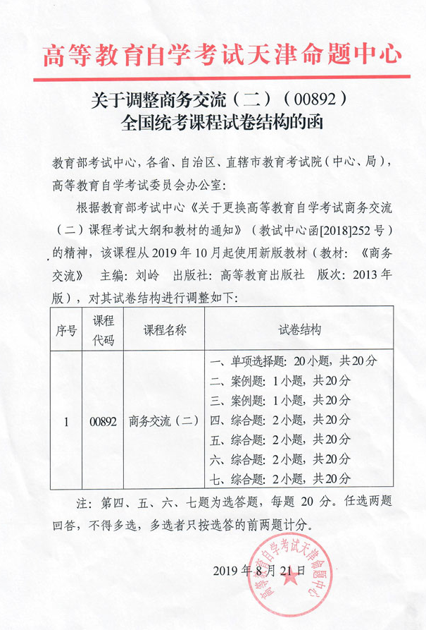 湖北省自考課程試卷題型結(jié)構(gòu)調(diào)整通知