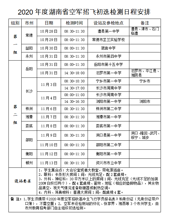 2020年度湖南省空军招飞初选检测日程安排.png