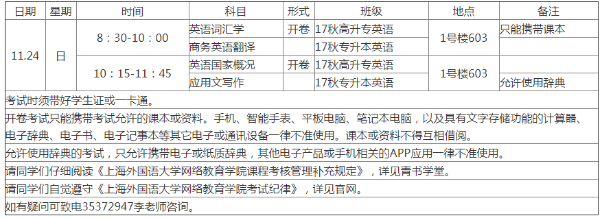 上海外国语大学网络教育19-20-1毕业班期末补考安排