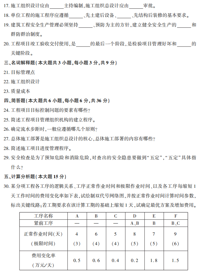 2017年10月自考02658建筑工程項目管理真題