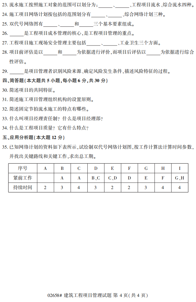 2019年4月自考02658建筑工程项目管理真题 2019年4月自考02658建筑工程项目管理真题