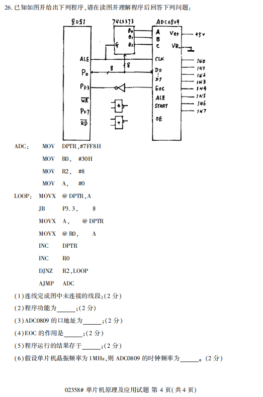 2017年4月自考單片機原理及應用02358真題