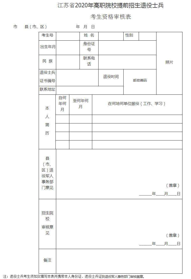 江蘇省2020年高職院校提前招生退役士兵考生資格審核表.jpg