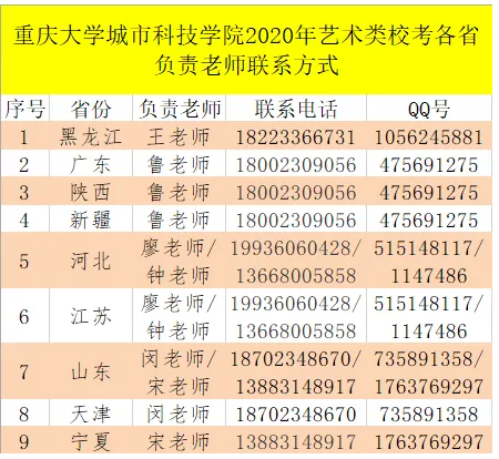 重庆大学科技学院2020奶奶艺术类校考各省负责老师联系方式.png