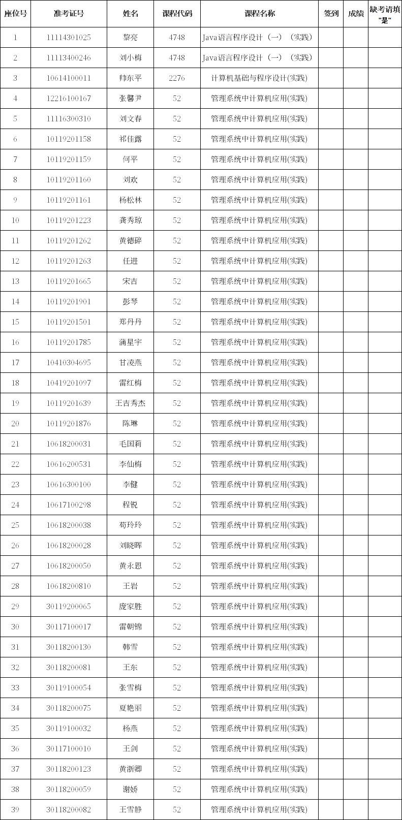 重庆工商大学2020年上半年自考计算机上机实践座次安排表