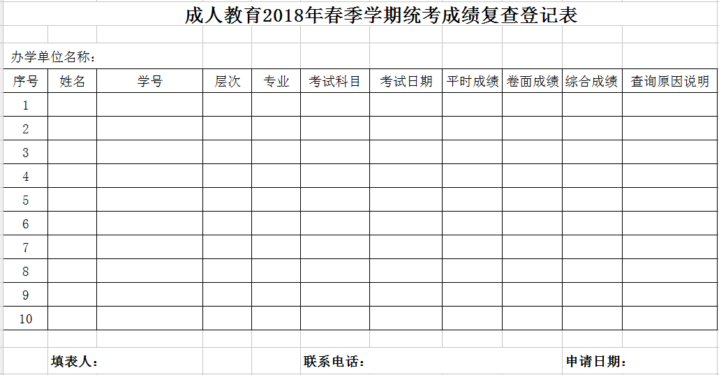 成人教育2018年春季学期统考成绩复查登记表.png