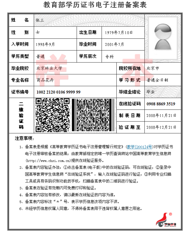 教育部學(xué)歷證書電子注冊(cè)備案表